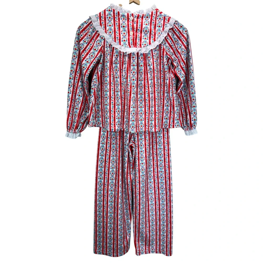 Lanz Flannel Pajama Set Girls Size M (7/8) Tyrolean Heart Folk Cottage Alpine